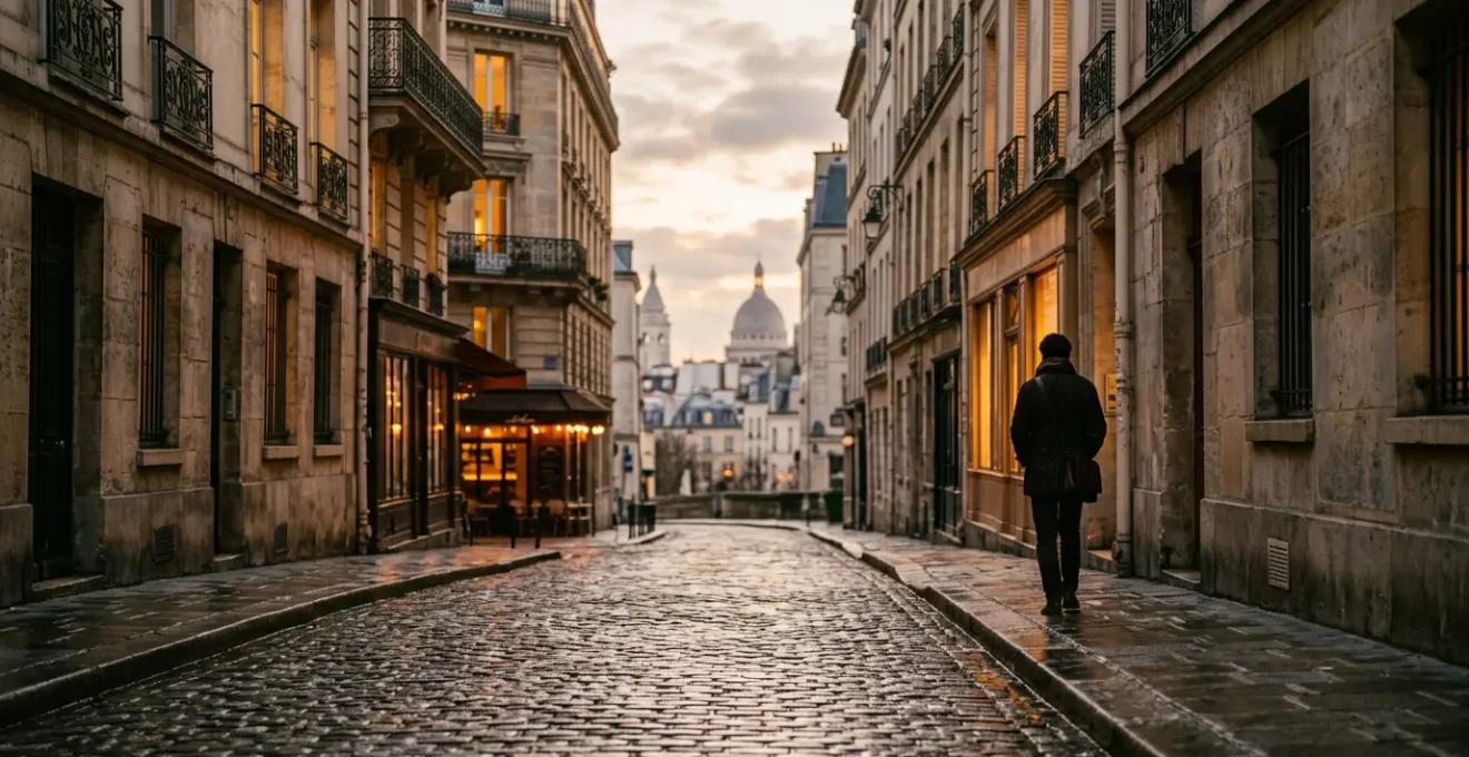 Scène atmosphérique du Quartier Latin parisien évoquant l'héritage intellectuel et philosophique