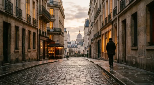 Scène atmosphérique du Quartier Latin parisien évoquant l'héritage intellectuel et philosophique