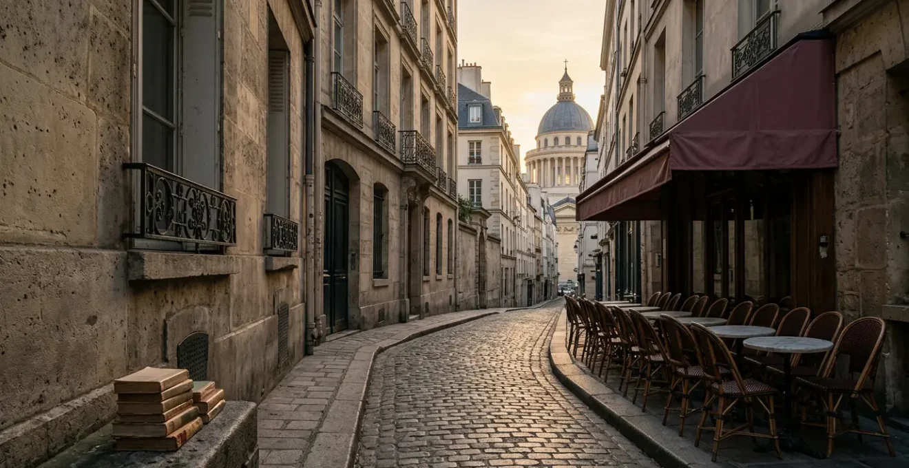 Rue pavée étroite du Quartier Latin avec librairies anciennes et ambiance intellectuelle parisienne