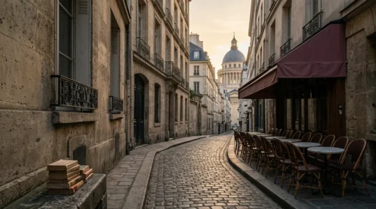 Rue pavée étroite du Quartier Latin avec librairies anciennes et ambiance intellectuelle parisienne