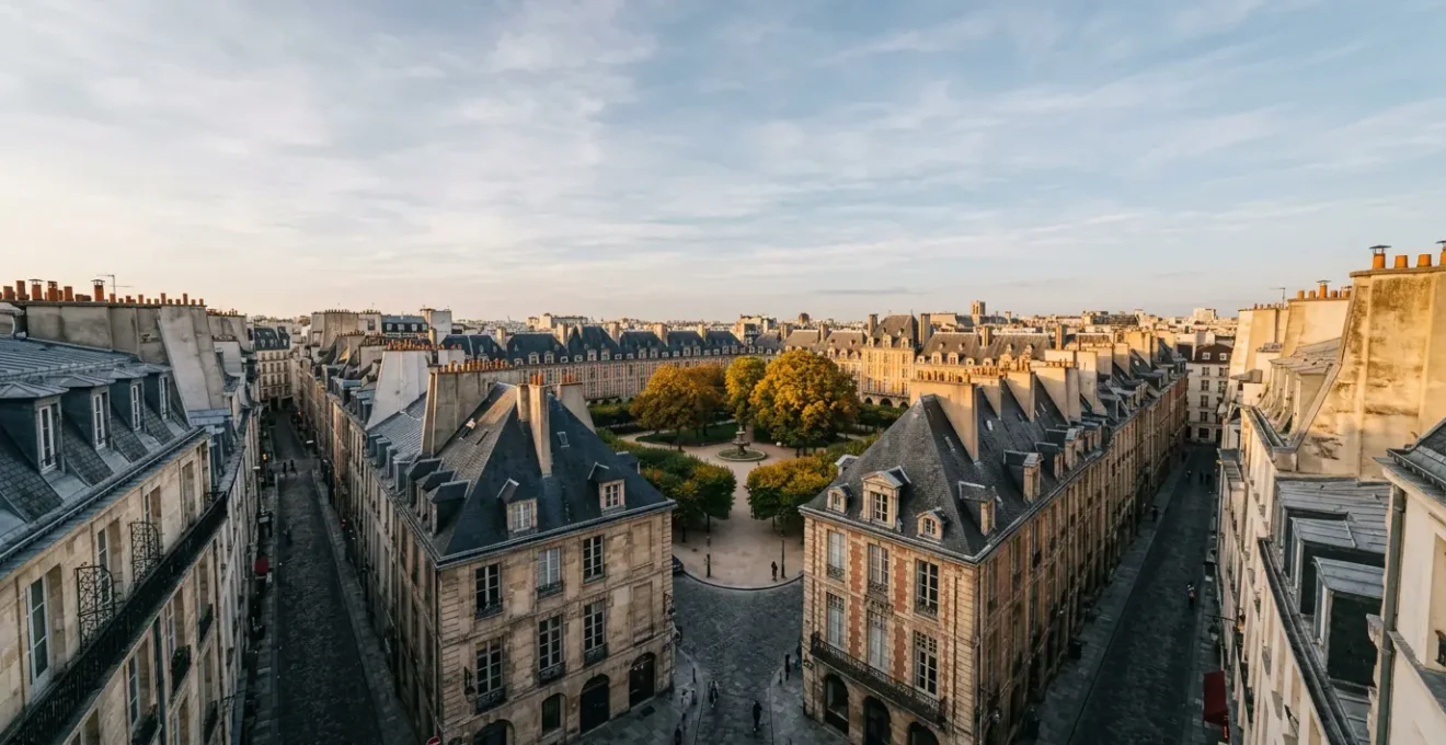 Vue panoramique du quartier du Marais à Paris avec ses hôtels particuliers et ruelles pavées médiévales