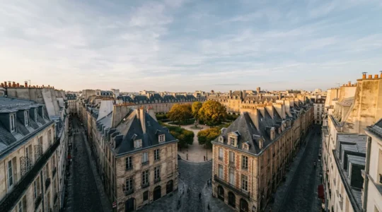 Vue panoramique du quartier du Marais à Paris avec ses hôtels particuliers et ruelles pavées médiévales