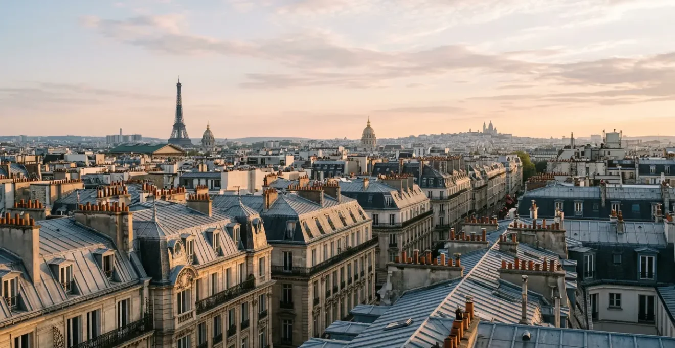 Vue aérienne de toits parisiens typiques avec zinc et cheminées au lever du soleil