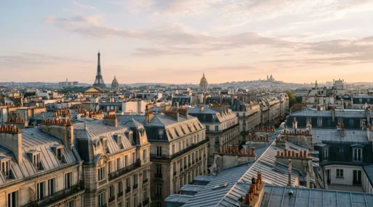 Vue aérienne de toits parisiens typiques avec zinc et cheminées au lever du soleil