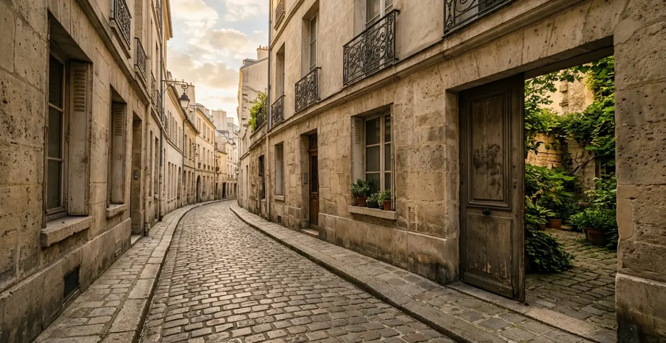 Ruelle pavée historique du quartier du Marais à Paris avec façades en pierre et cours intérieures
