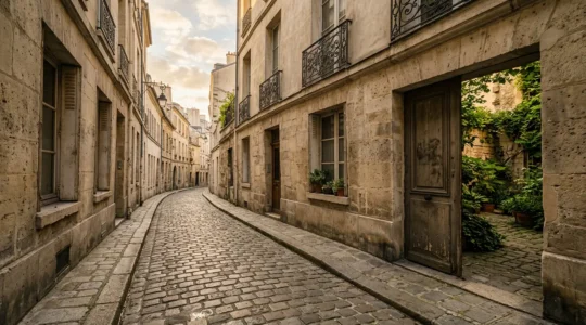 Ruelle pavée historique du quartier du Marais à Paris avec façades en pierre et cours intérieures