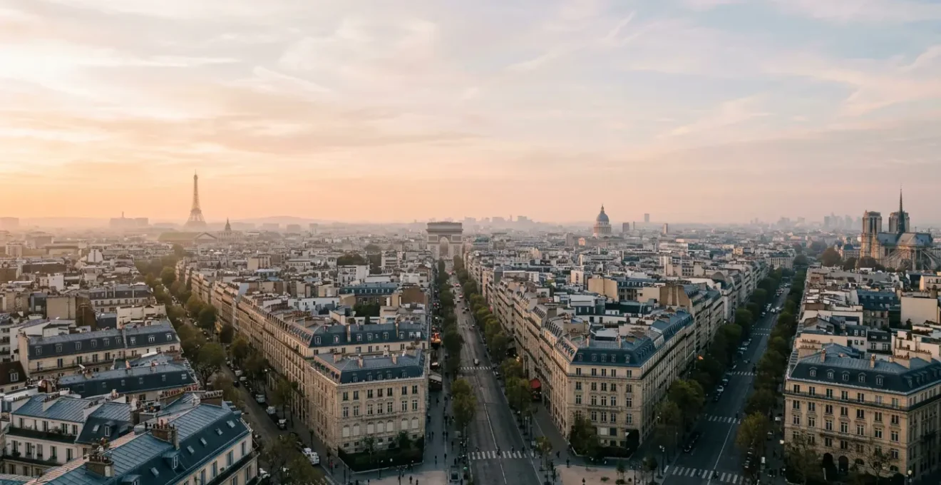 Vue panoramique de Paris depuis un point de vue élevé avec monuments emblématiques