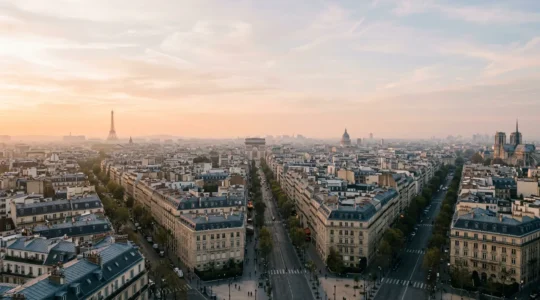 Vue panoramique de Paris depuis un point de vue élevé avec monuments emblématiques