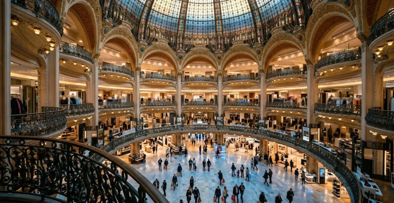 Vue interieure panoramique de la coupole Art Nouveau des Galeries Lafayette avec ses balcons circulaires et sa verriere lumineuse