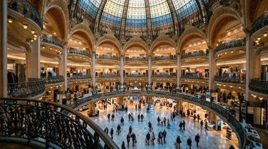 Vue interieure panoramique de la coupole Art Nouveau des Galeries Lafayette avec ses balcons circulaires et sa verriere lumineuse