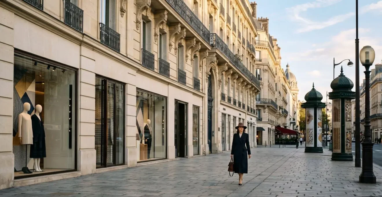 Scène élégante de shopping parisien mêlant boutiques de luxe, créateurs et vintage dans une composition photographique raffinée