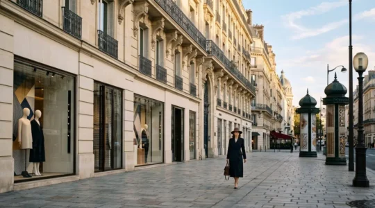 Scène élégante de shopping parisien mêlant boutiques de luxe, créateurs et vintage dans une composition photographique raffinée