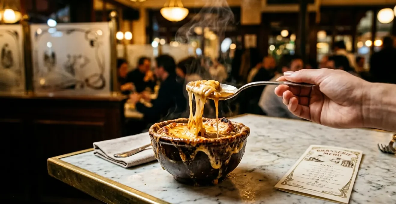 Bol de soupe à l'oignon gratinée fumante dans une brasserie parisienne la nuit