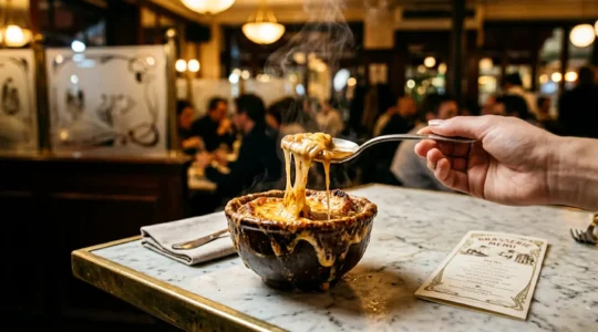 Bol de soupe à l'oignon gratinée fumante dans une brasserie parisienne la nuit