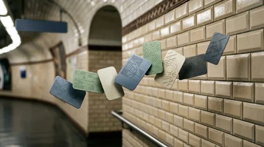 Illustration éditorial des titres de transport parisiens avec pass Navigo et cartes sans contact