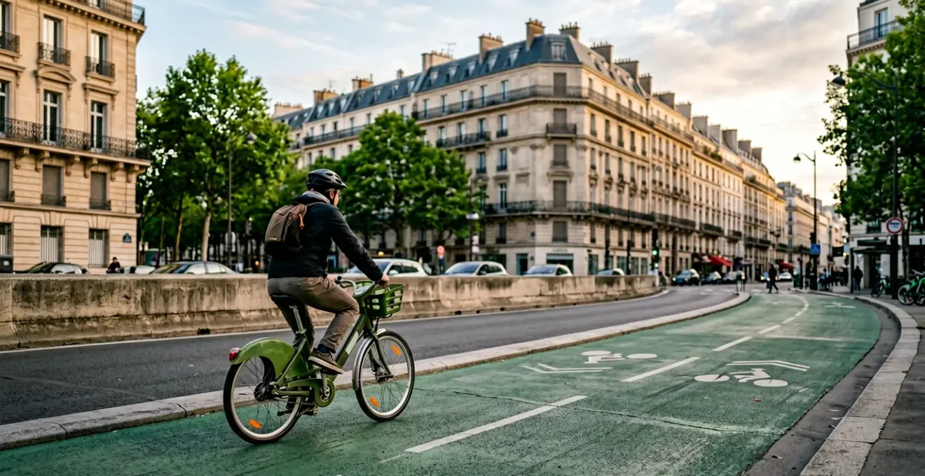 Cycliste circulant sur une piste cyclable parisienne avec vélo en libre-service
