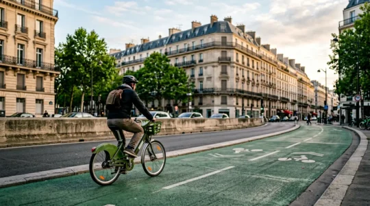 Cycliste circulant sur une piste cyclable parisienne avec vélo en libre-service