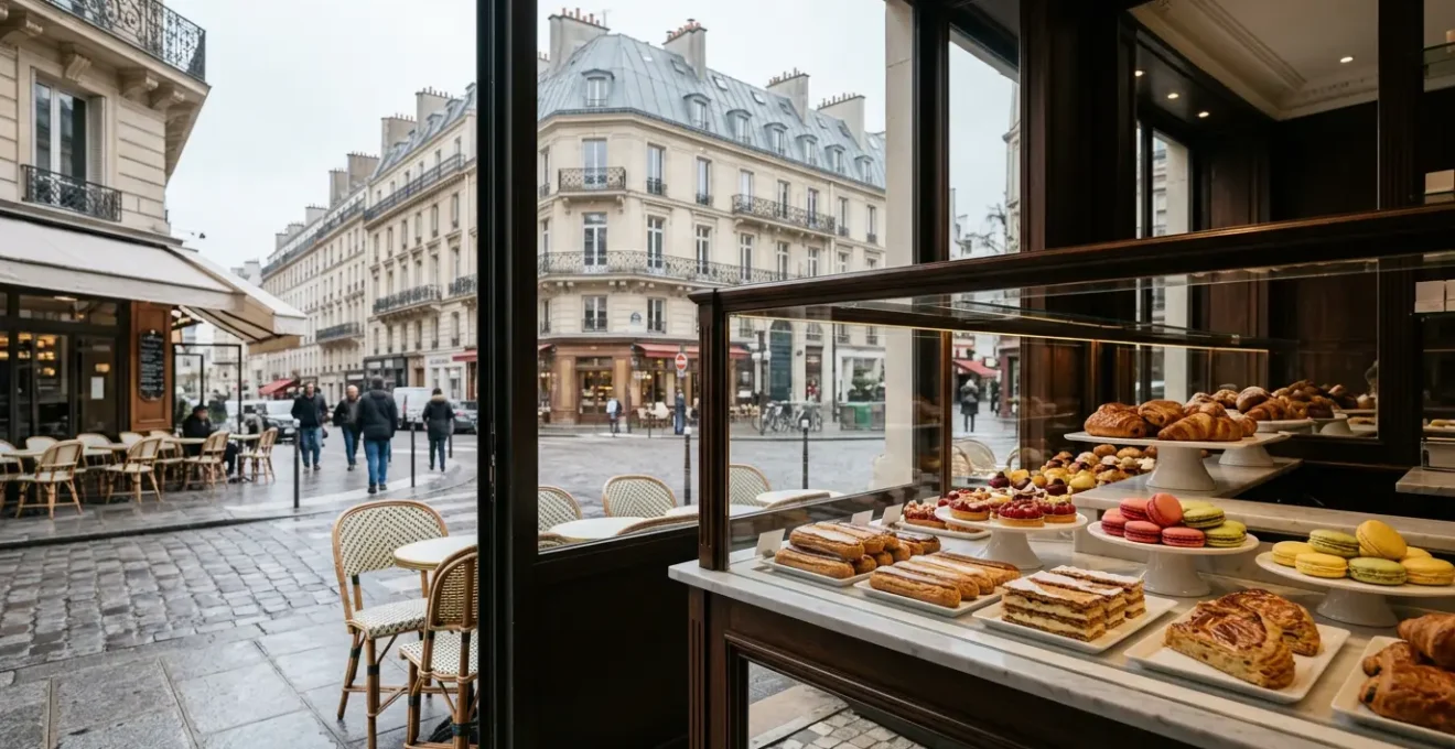 Vitrine de pâtisserie parisienne avec créations artisanales françaises raffinées