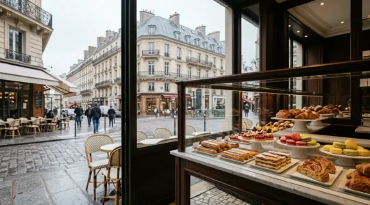Vitrine de pâtisserie parisienne avec créations artisanales françaises raffinées